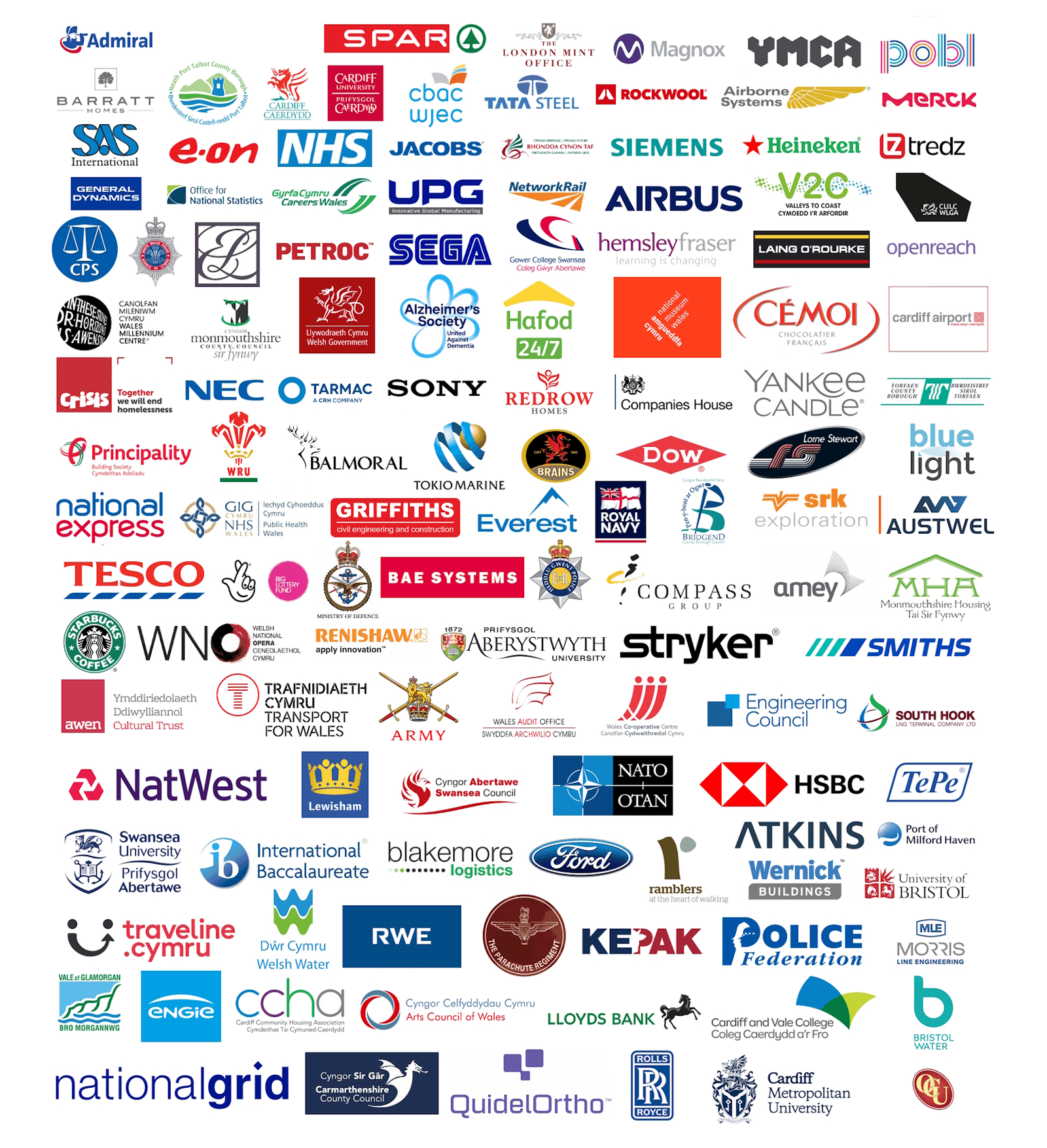 Two hundred organisations Ascent Training Wales has delivered for — including BBC, NHS, Admiral, Airbus, BAE Systems, Rolls-Royce, Welsh Government, Cardiff University and many more